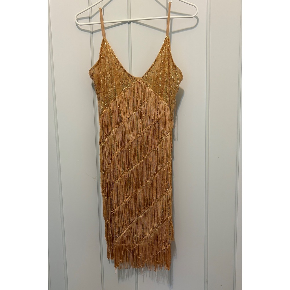 Gold Sequin Fringe Flapper V-Neck Party Cocktail Mini Dress Juniors